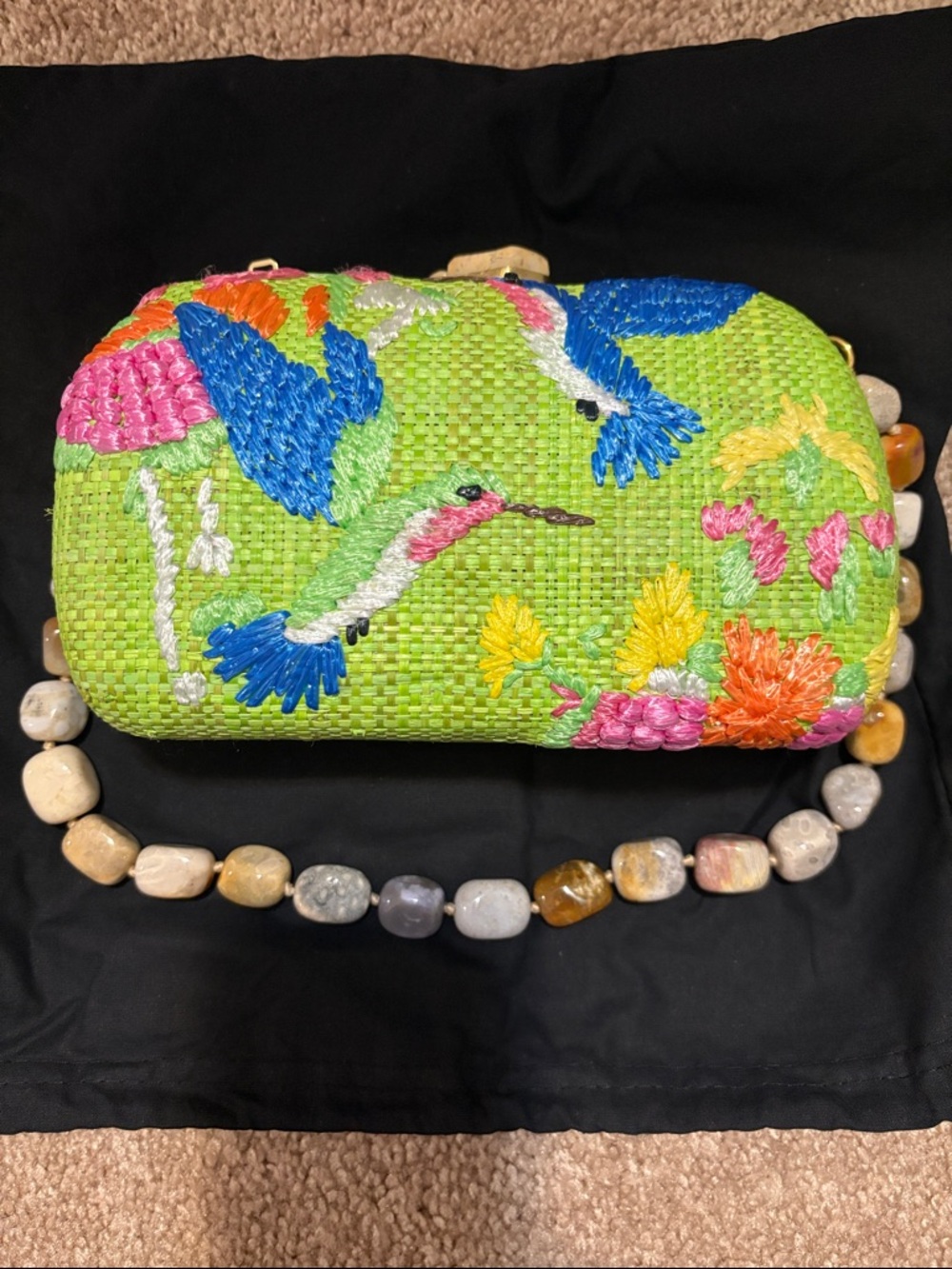 Hand-Embroidered Hummingbird Green Woven Clutch with Beaded Strap